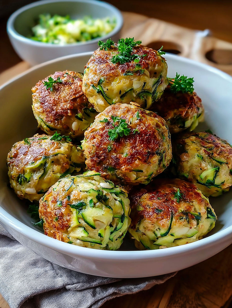 Une assiette de petites patties de courgette et de céleri, servies dans un bol.