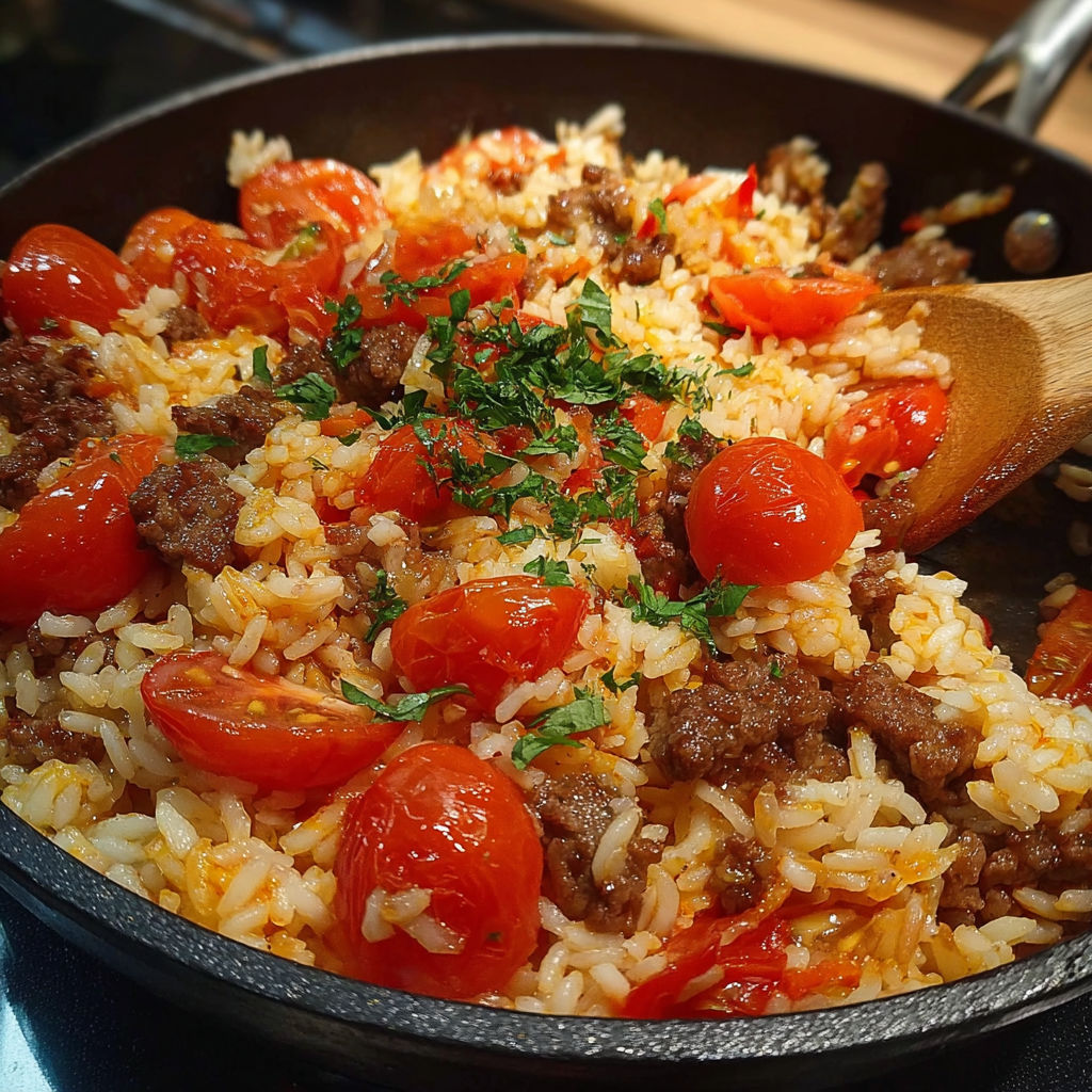 Un plat de riz et tomates avec des herbes fraîches.