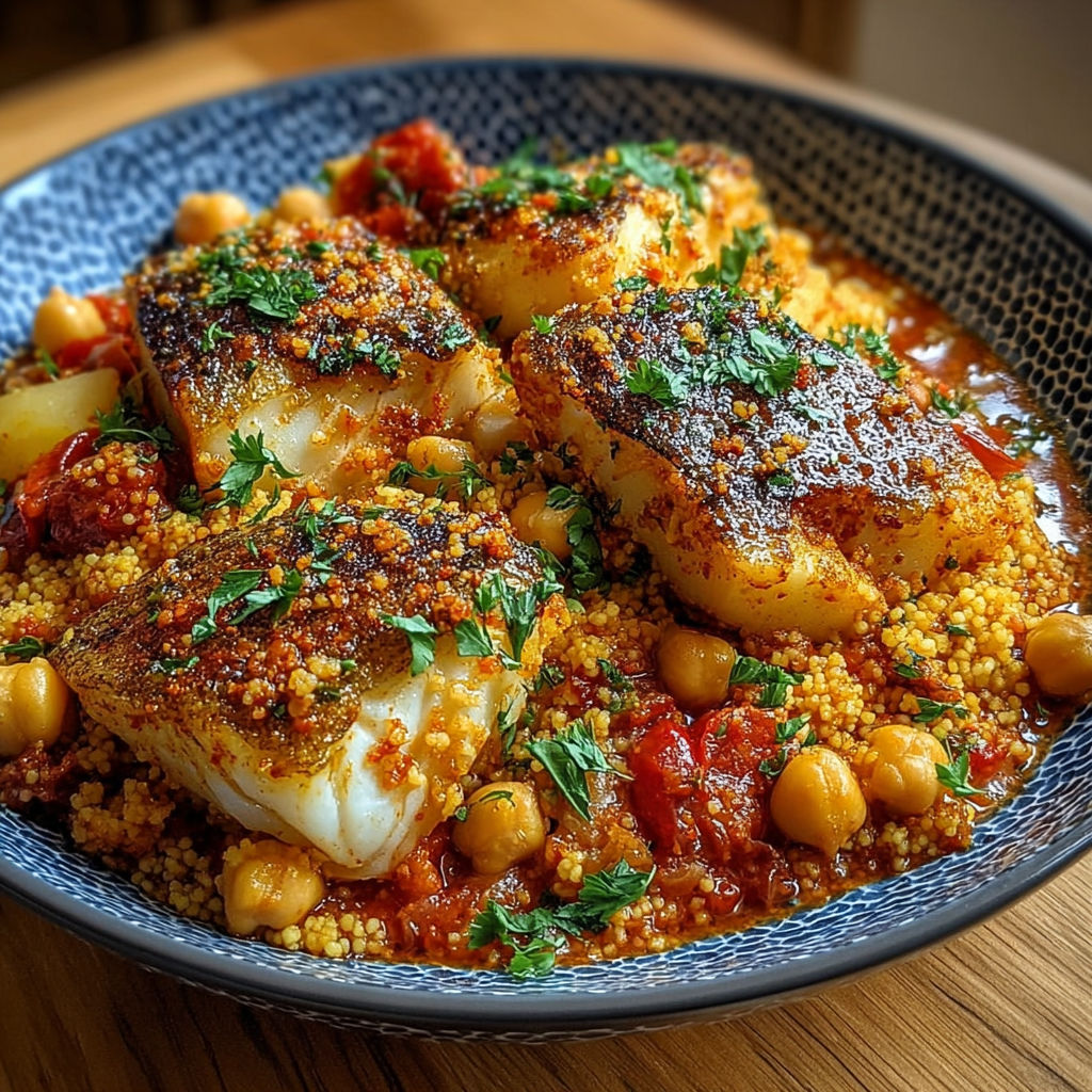 Un plat de couscous épicé avec des poissons et des pois chiches.