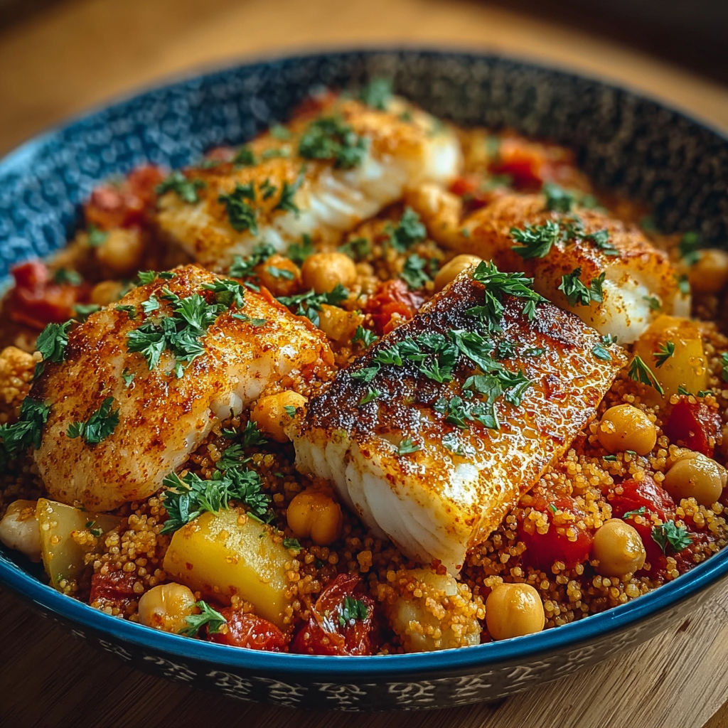 Un plat de couscous avec des poissons épicés et des pois chiches.