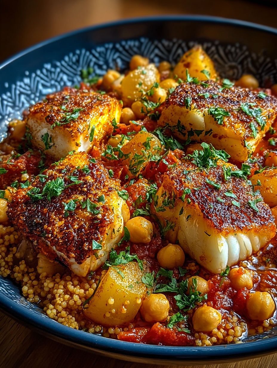 Une assiette de couscous avec des poissons épicés et des pois chiches.