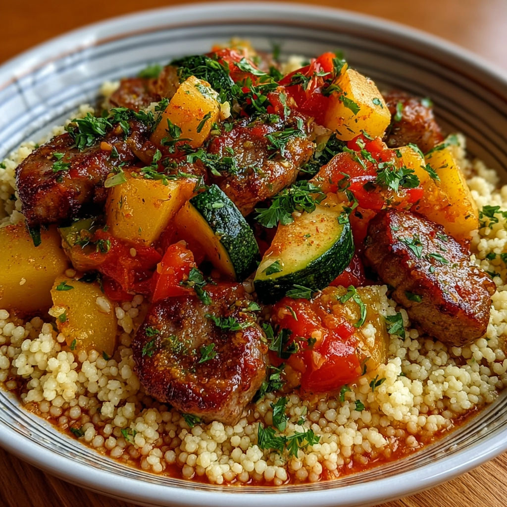 Une salade de légumes et de viande avec des légumes verts et des tomates.