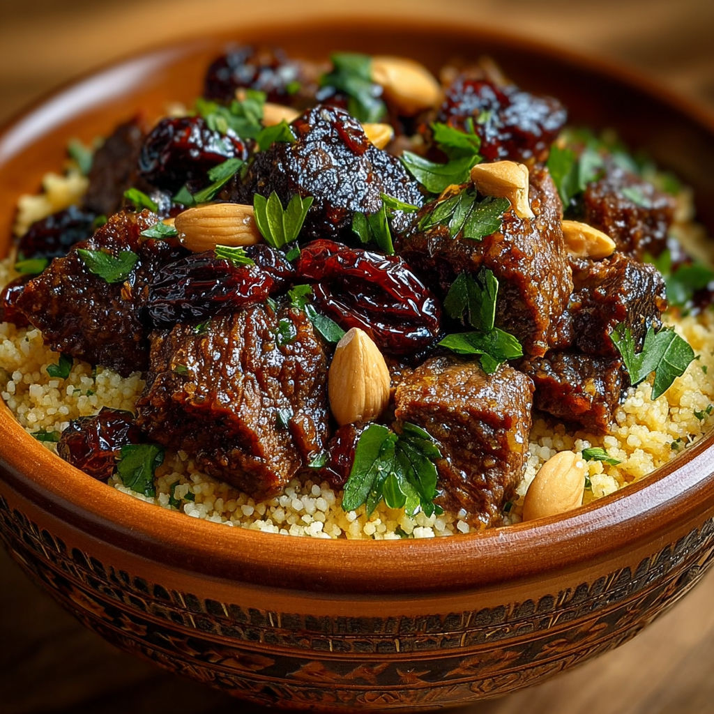 Une assiette de couscous sucré-salé au bœuf, pruneaux et amandes.