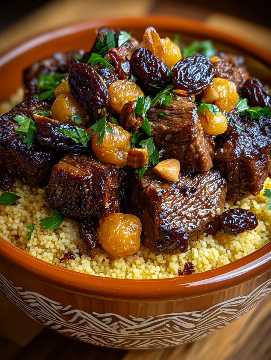 Une recette de steak avec des fruits secs et des épinards.