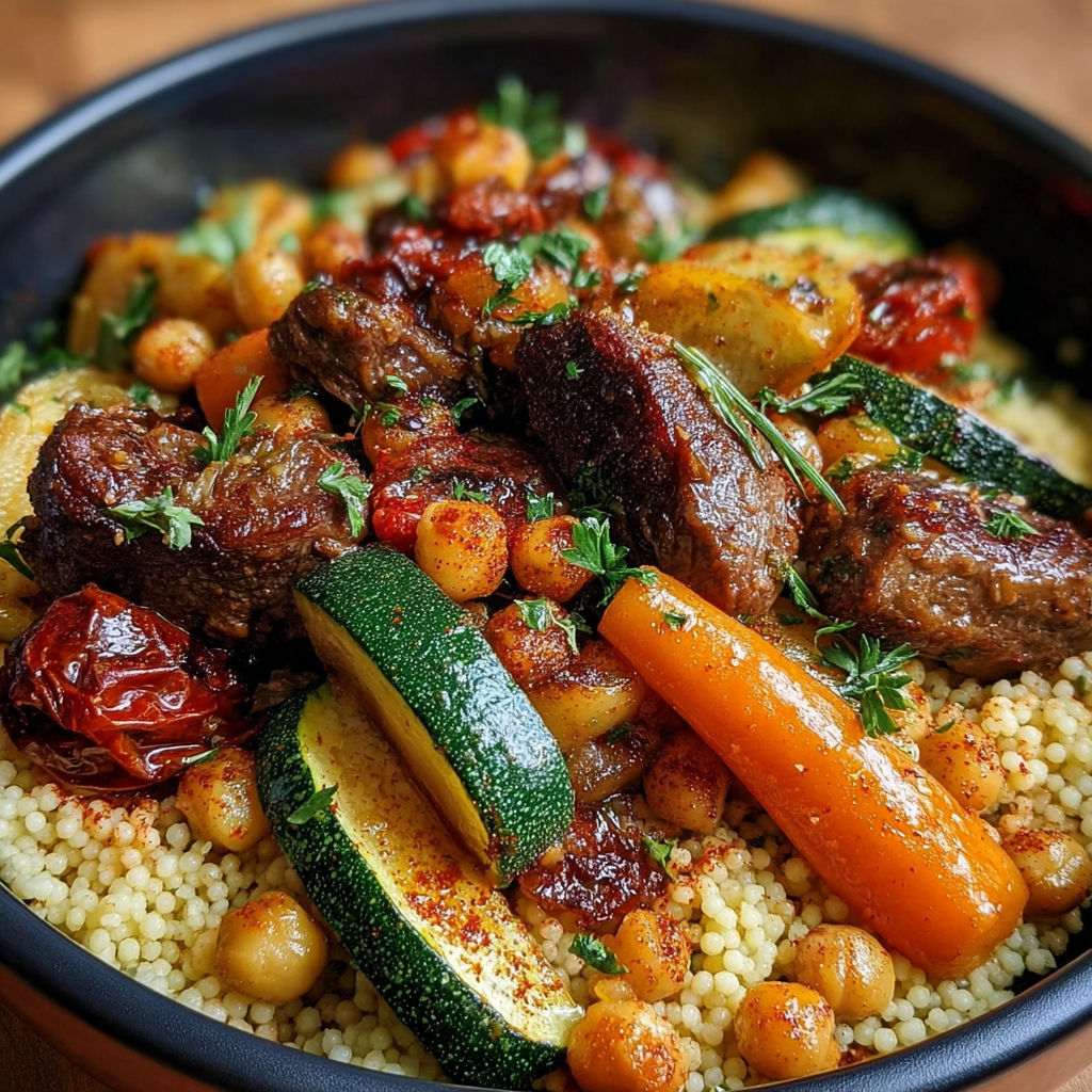 Une assiette de couscous avec des légumes grillés et des viandes.