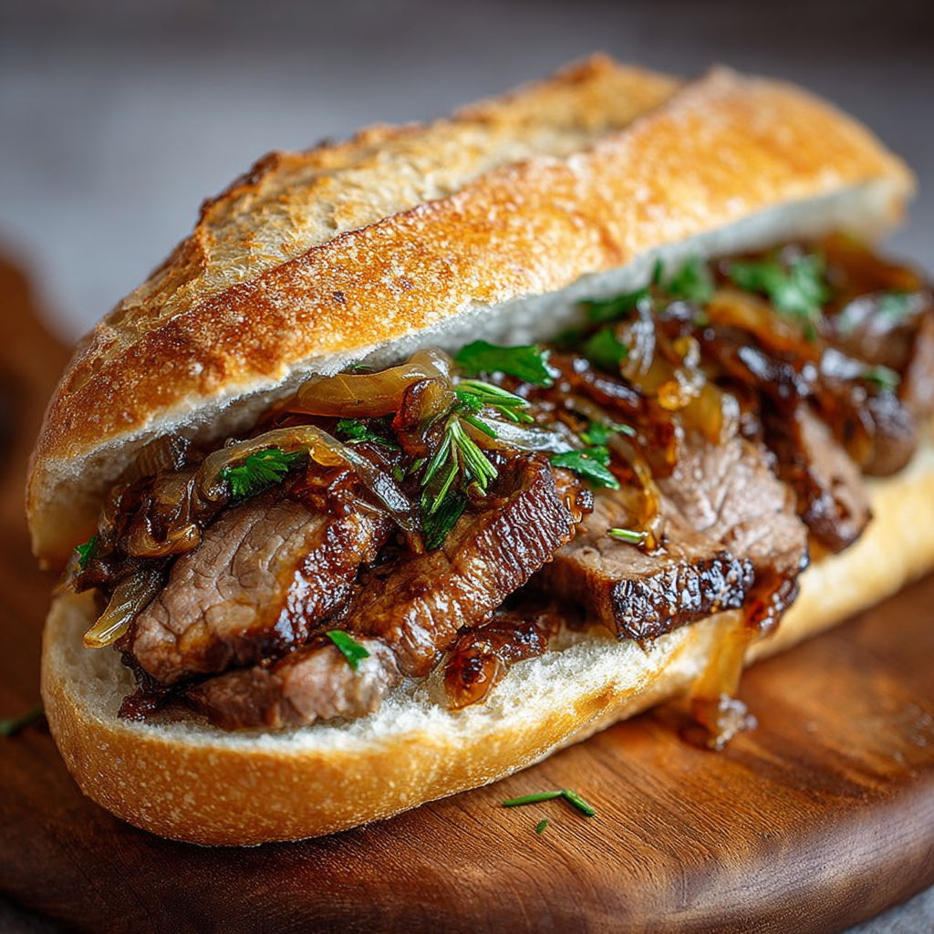 Un sandwich français à l'agneau et oignons caramélisés, avec des herbes fraîches sur du pain de campagne.