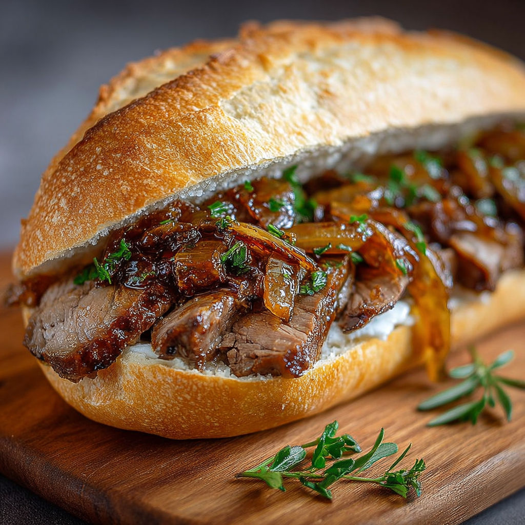 Un sandwich français à l'agneau et aux oignons caramélisés, avec des herbes fraîches sur le dessus.
