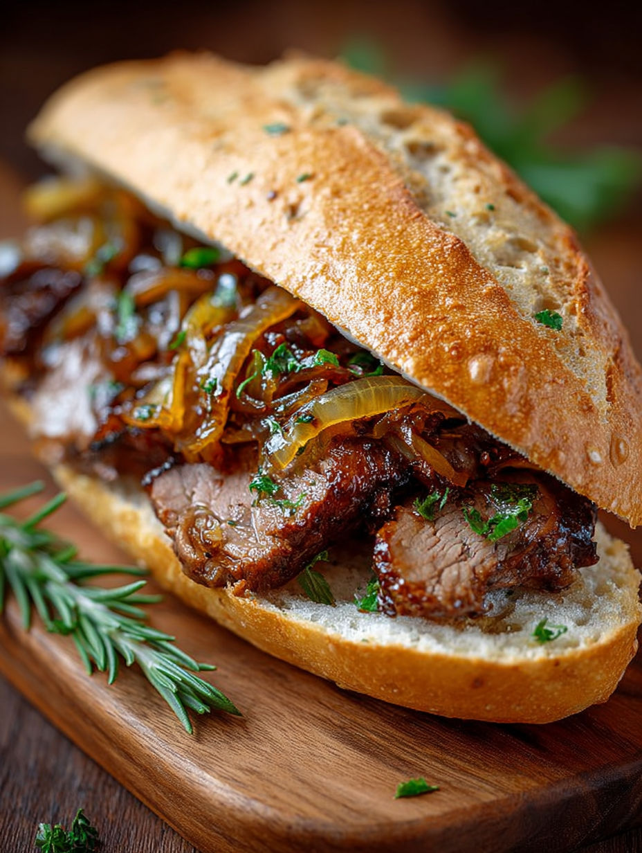 Un sandwich français à l'agneau et aux oignons caramélisés, avec des herbes fraîches pour accompagner.