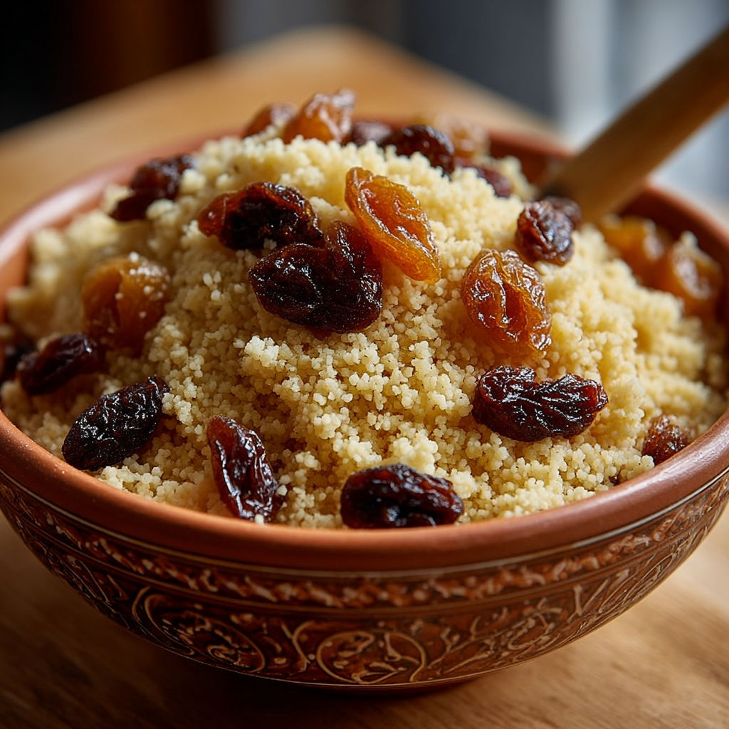 Une boîte de couscous sucré avec des raisins secs.