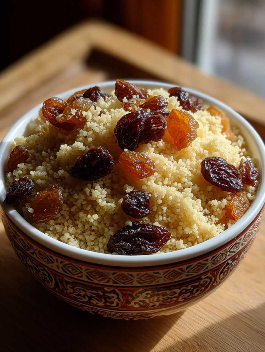 Une assiette de couscous sucré aux raisins secs.