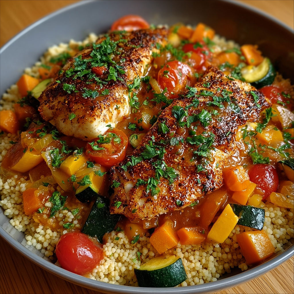 Une assiette de couscous au poisson grillé et légumes mijotés, avec des légumes tels que des carottes et des courgettes.