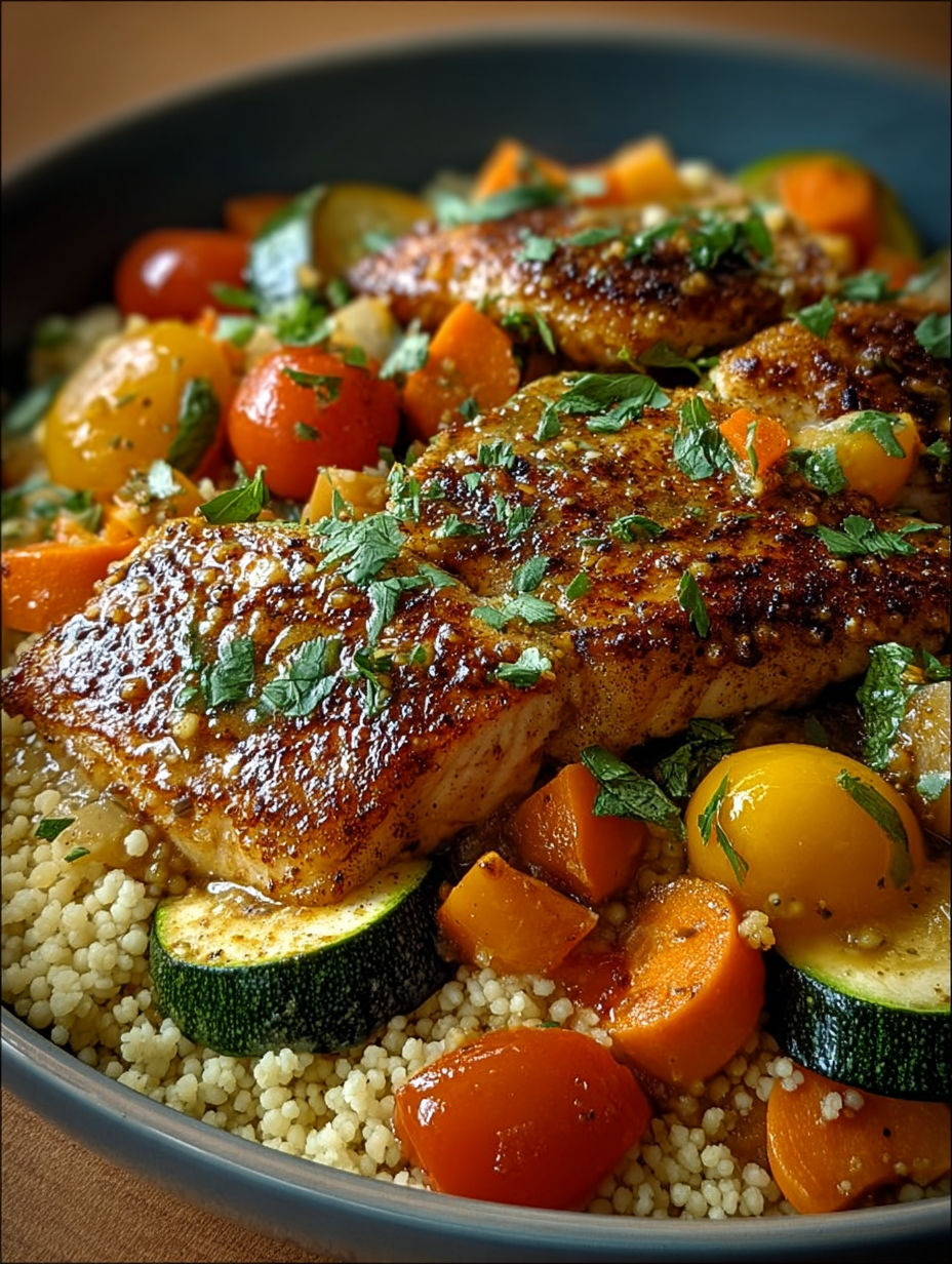 Un filet de poisson grillé avec des légumes verts et des légumes rouges, servis sur une casserole de couscous.
