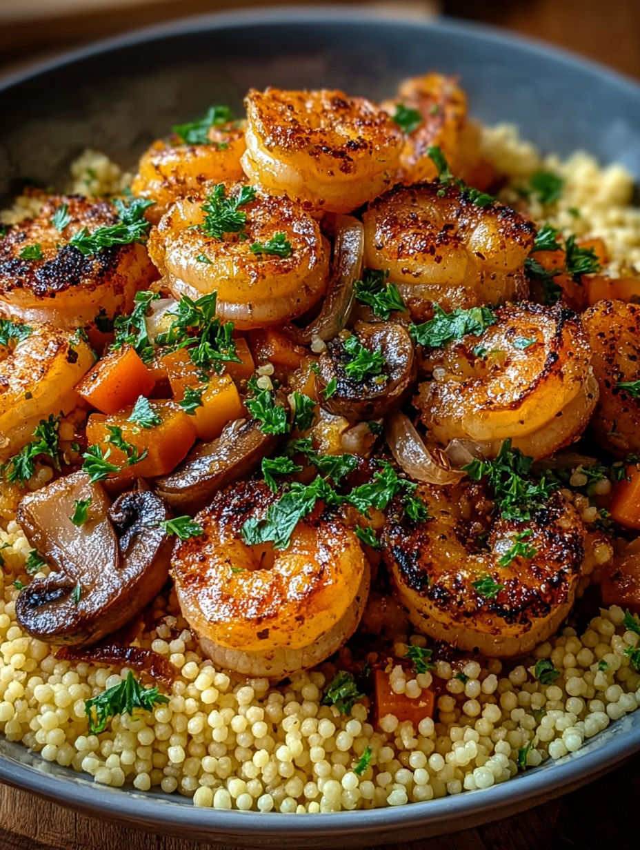 Une recette de couscous avec des légumes et des moules grillés.