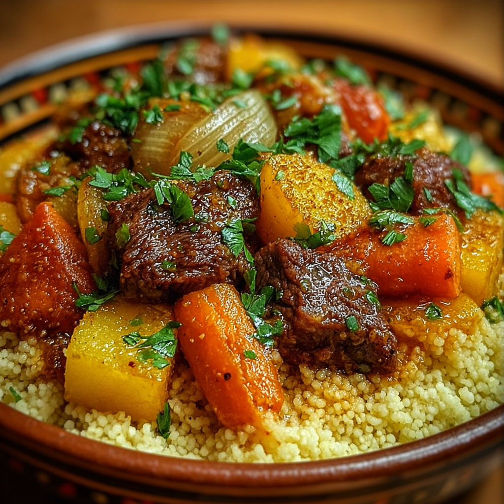 Une assiette de couscous au bœuf mijoté et légumes fondants, avec des légumes tels que des carottes et des oignons, est servie dans un bol coloré.