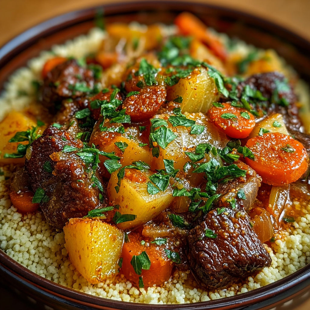 Une assiette de couscous au bœuf mijoté et légumes fondants, avec des légumes tels que des carottes et des épinards, est servie sur une table.