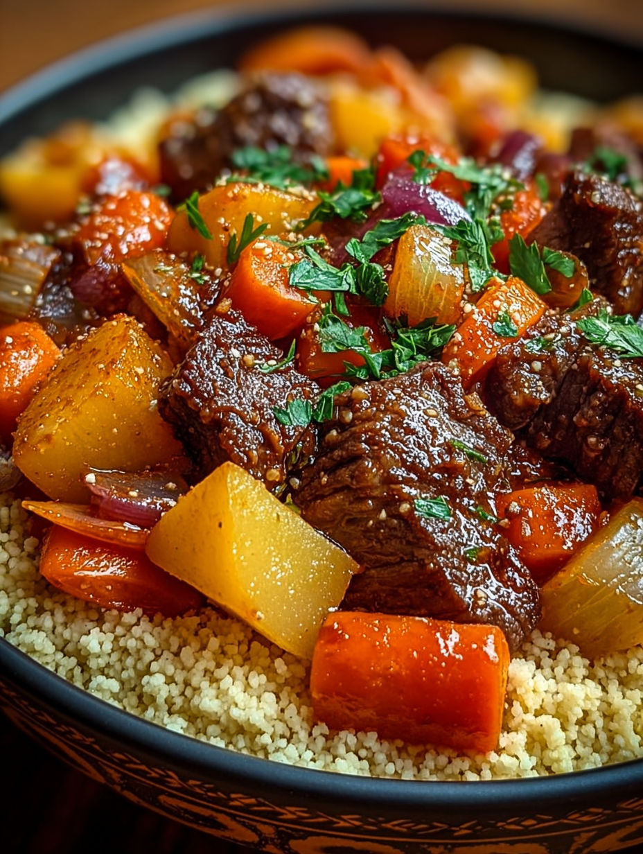 Une casserole de couscous au bœuf mijoté et légumes fondants, avec des légumes tels que des carottes et des oignons.