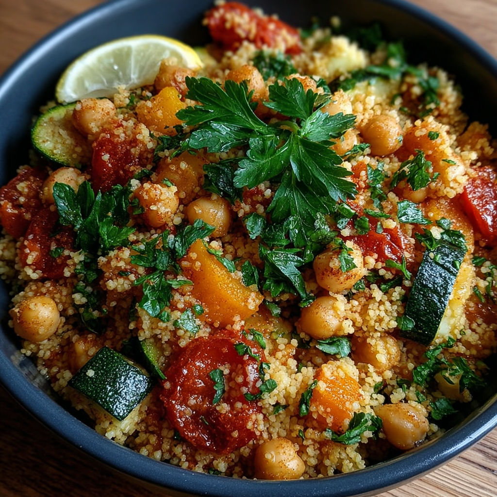 Une salade de légumes et de couscous, avec des légumes verts et des tomates, est servie dans un bol.