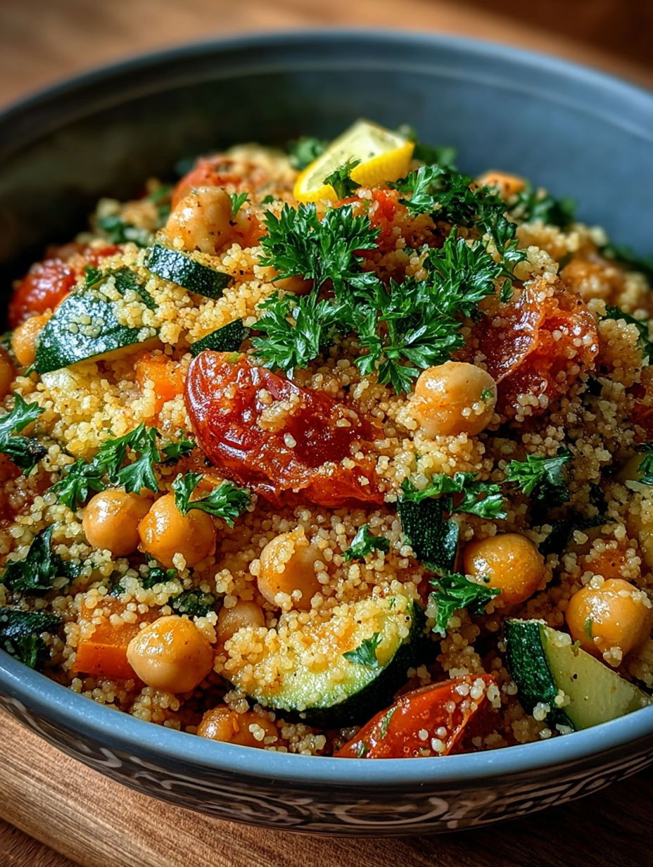 Une salade de couscous avec des légumes frais, des tomates, des aubergines et des poivrons.
