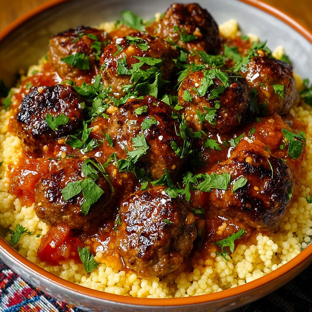 Une assiette de couscous aux boulettes de bœuf sauce tomate.