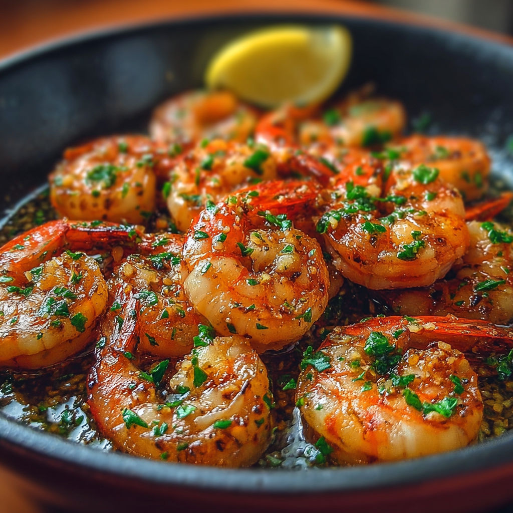 Une casserole de gambas al ajillo, avec des herbes et des citrons, est servie dans un bol en terre.
