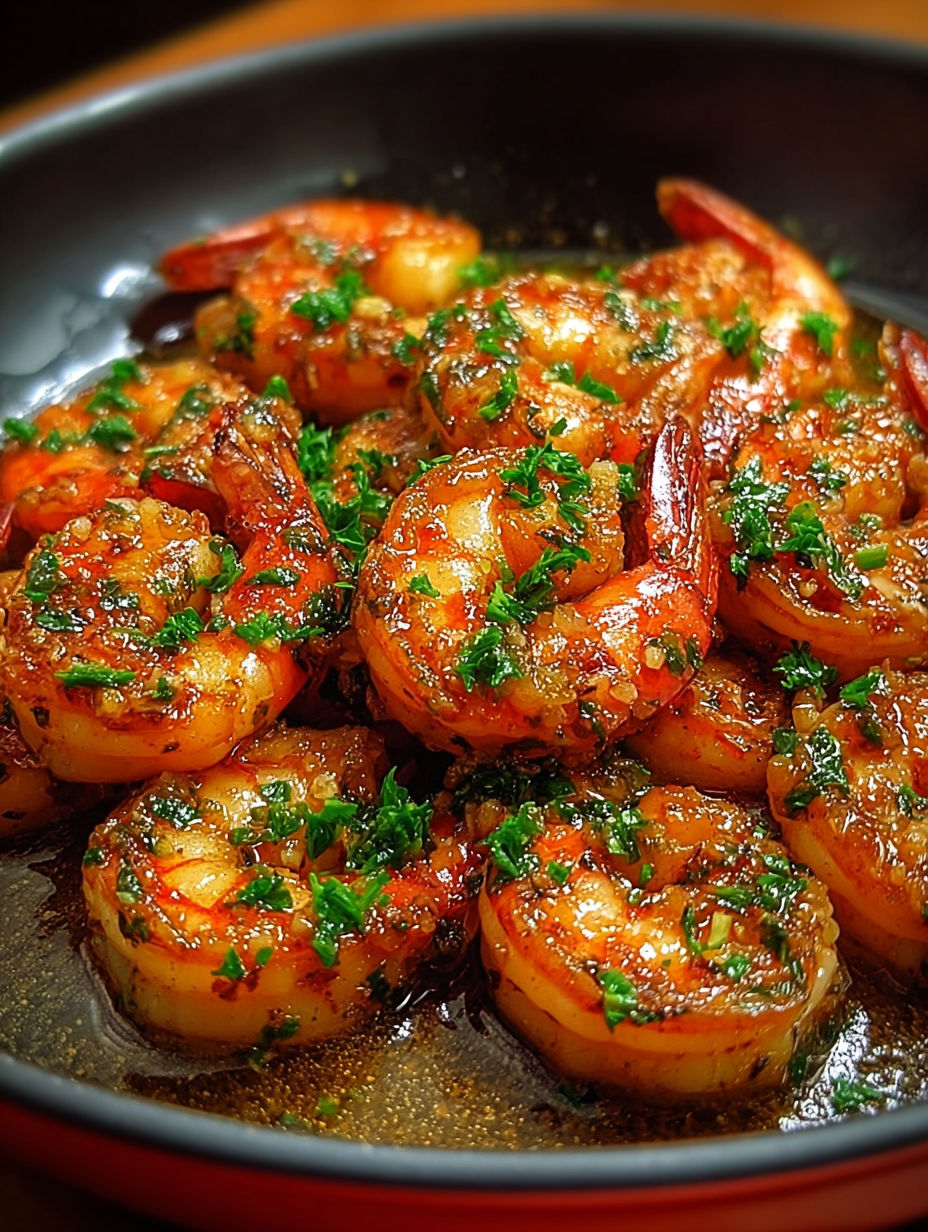 Shrimp with herbs and spices in a pan.