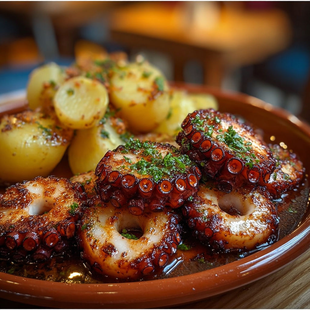 Une assiette de poissons frits et de pommes de terre, accompagnés de herbes et de sauce.