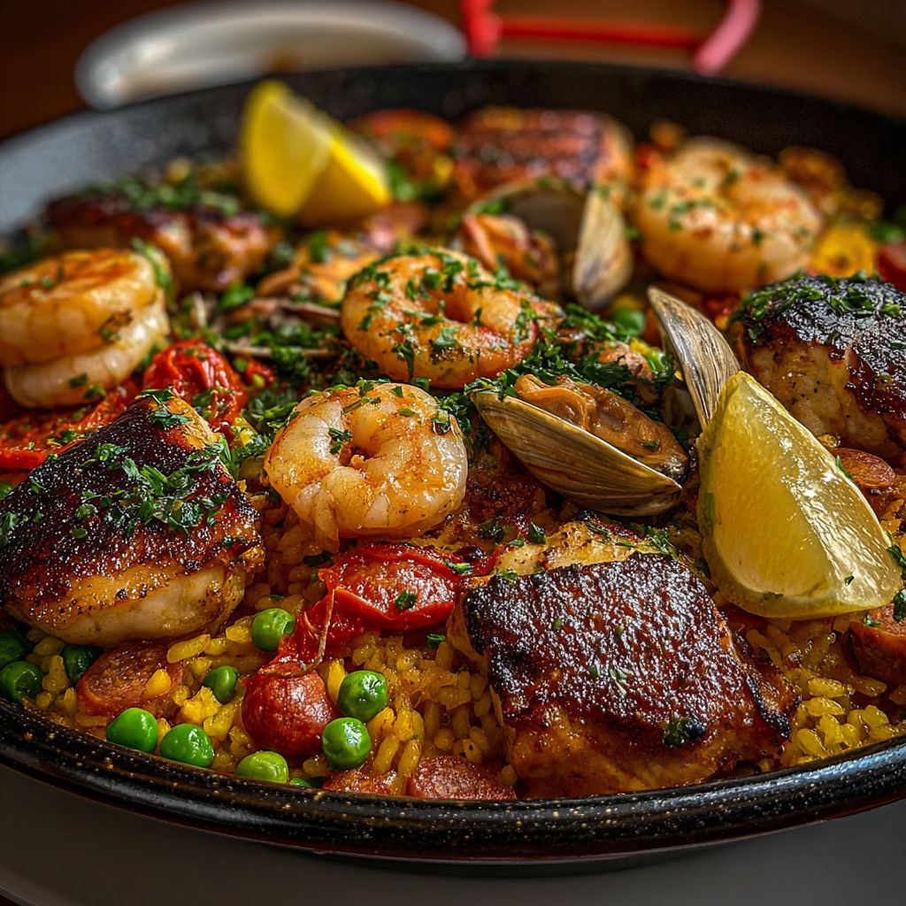 Une paella mixte de poulet et fruits de mer, avec des légumes et des tomates, est servie dans un bol en fer.