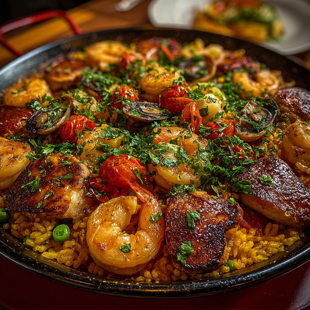 Une paella mixte de poulet et fruits de mer, avec des légumes et des tomates, est servie sur un plateau.