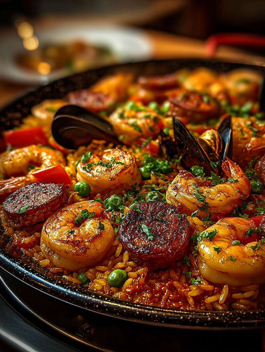 Une paella mixte de poulet et fruits de mer, avec des tomates, des oignons, des épinards et des moules.