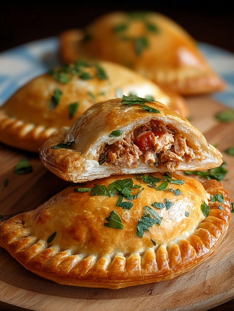 Empanadas de Atún (chaussons argentins au thon) sur un plateau de bois.