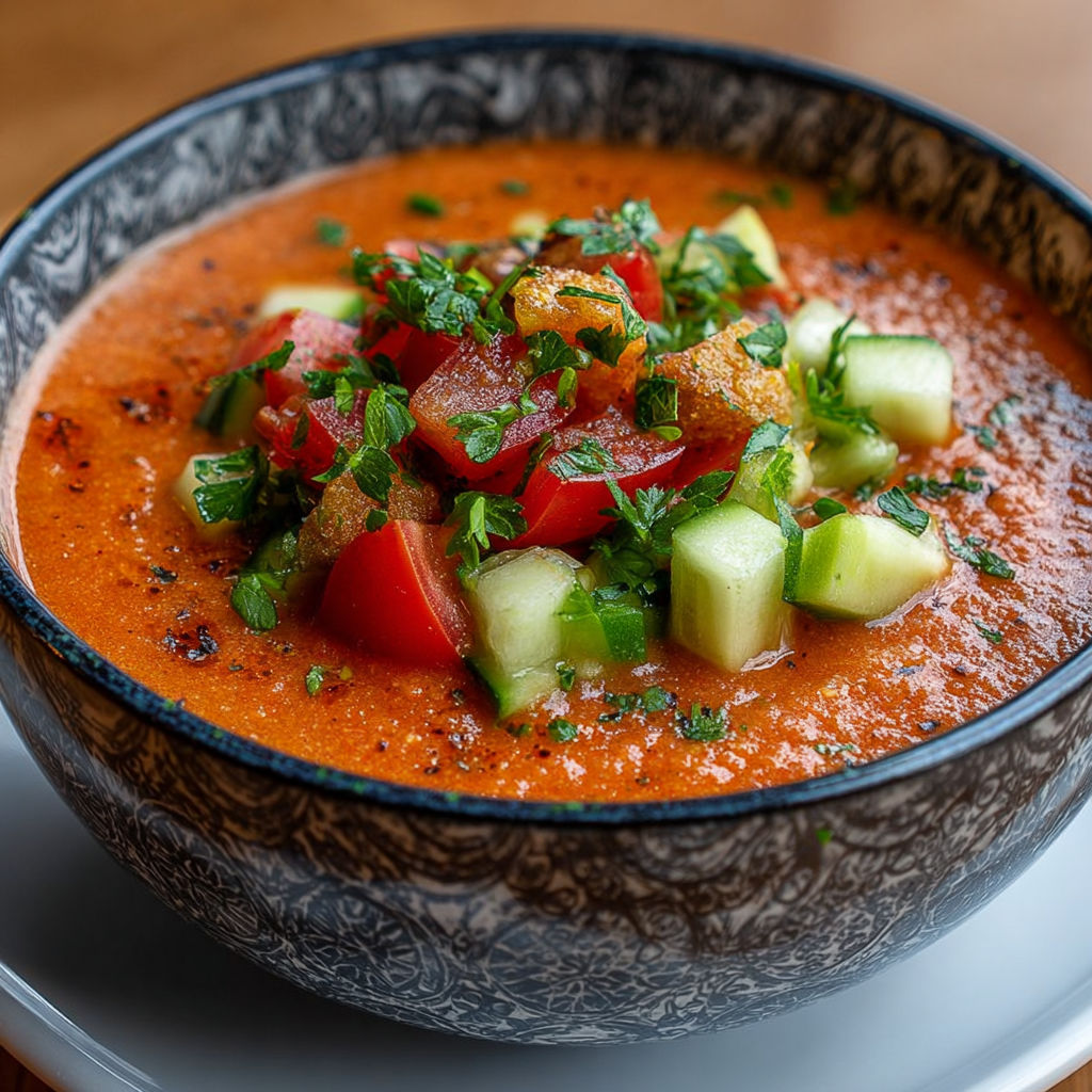 Un pot de gazpacho andaluz avec des légumes frais.