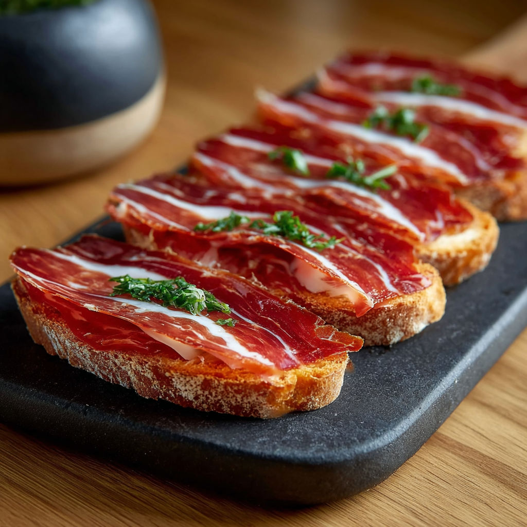 Une tranche de pain grillé avec des tranches de jambon et des herbes sur un plateau.