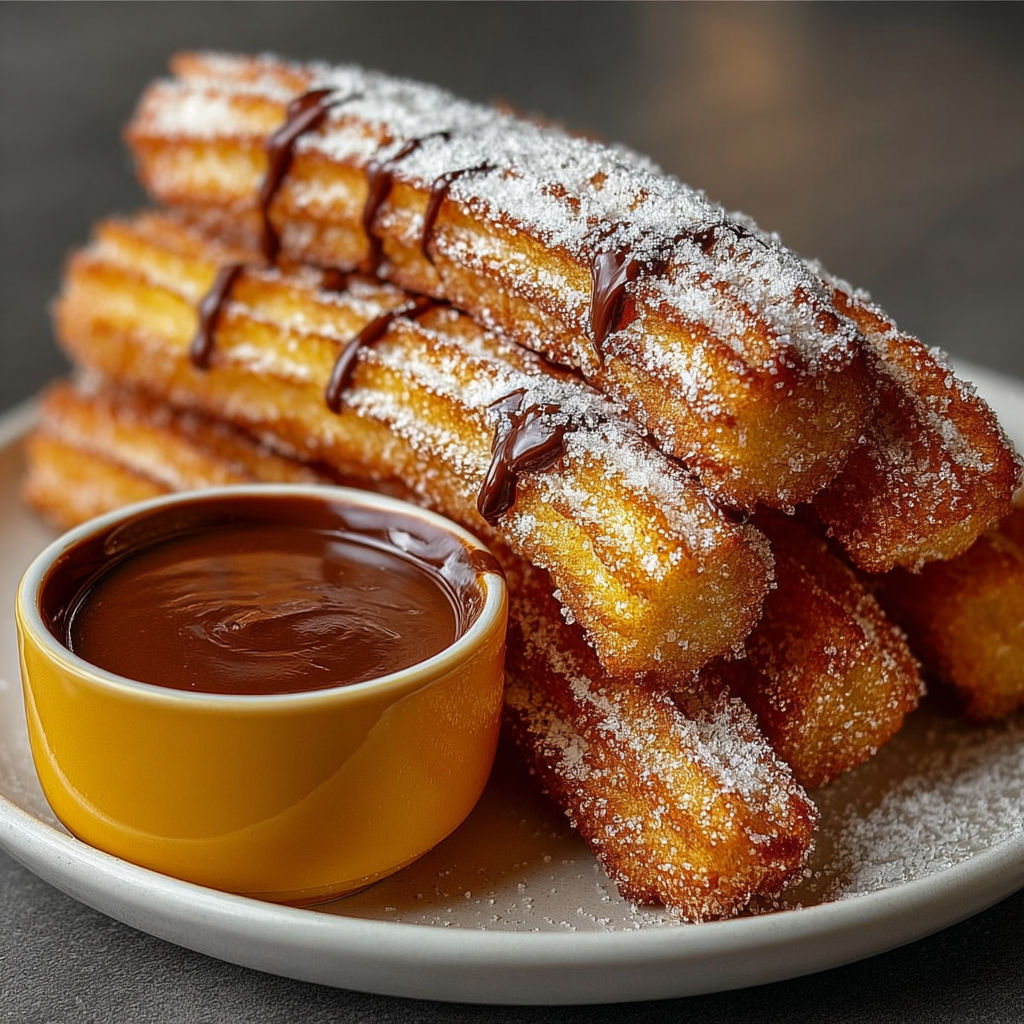 Une tasse de chocolat est servie avec des churros d'orange et des grains de sucre.