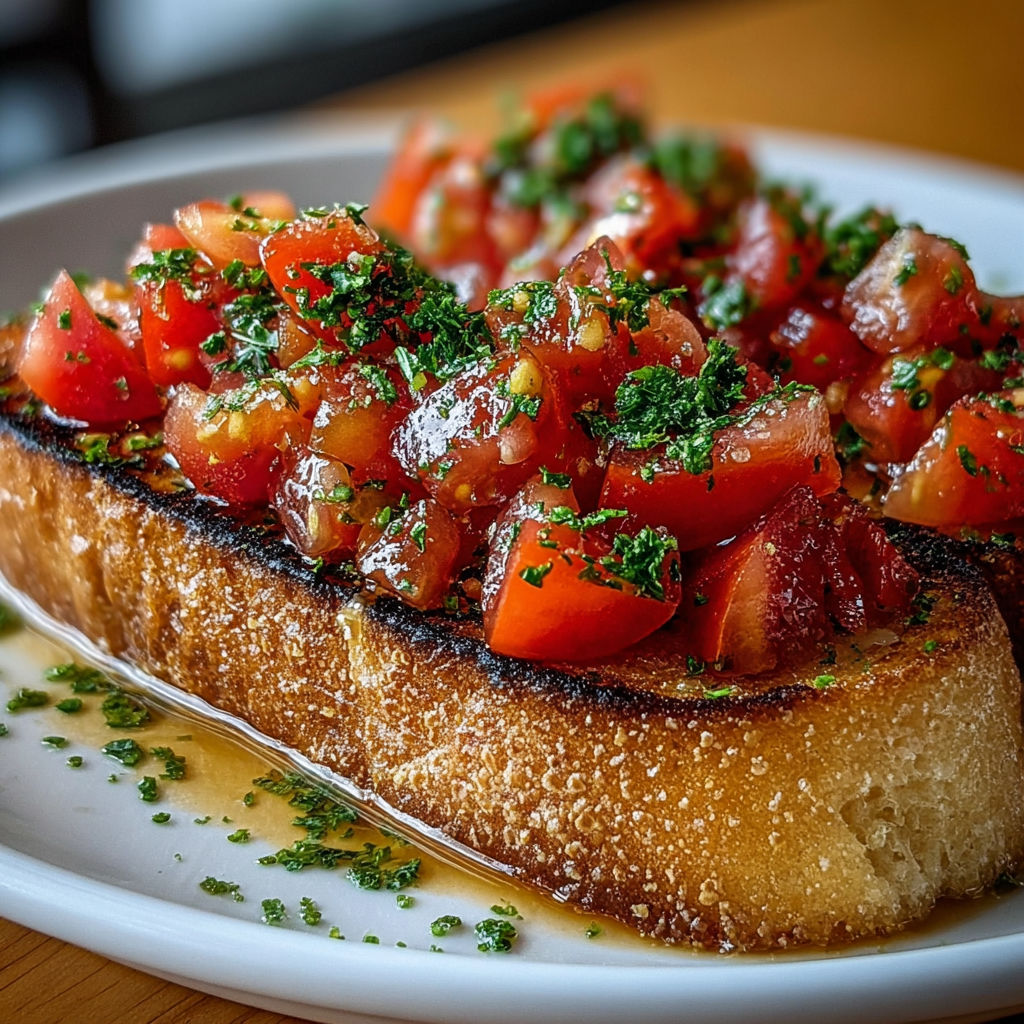 Une tartine espagnole à la tomate fraîche, avec des herbes fraîches et du fromage, est servie sur un plateau en bois.