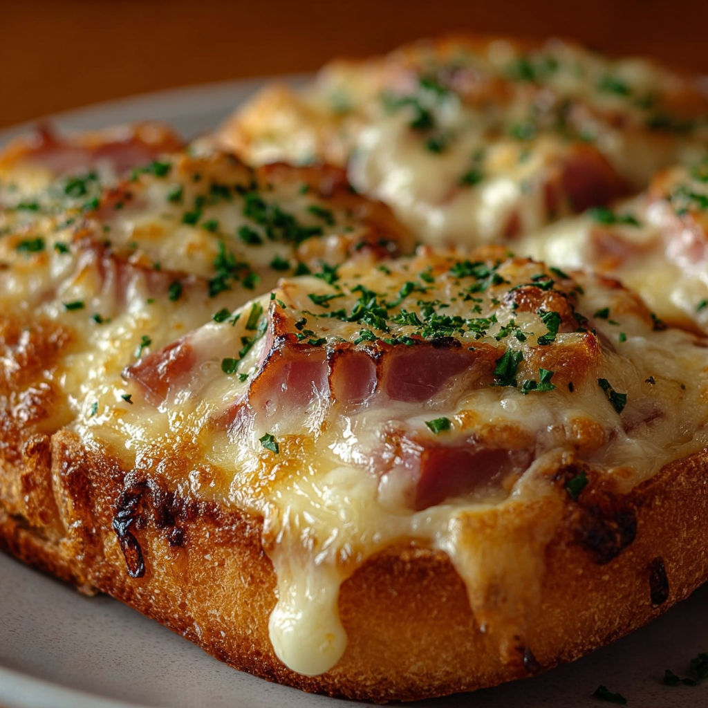 Une tostada de jamon et queso gratinée est servie sur un plateau.