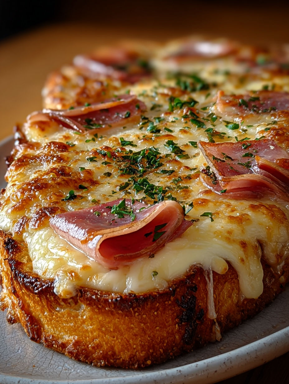 Une pizza maison avec des lardons et des herbes, prête à être servie.