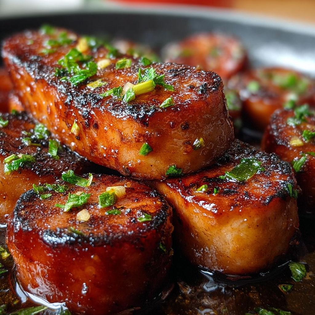 Des morceaux de chorizo grillé avec des herbes fraîches sur un plateau.