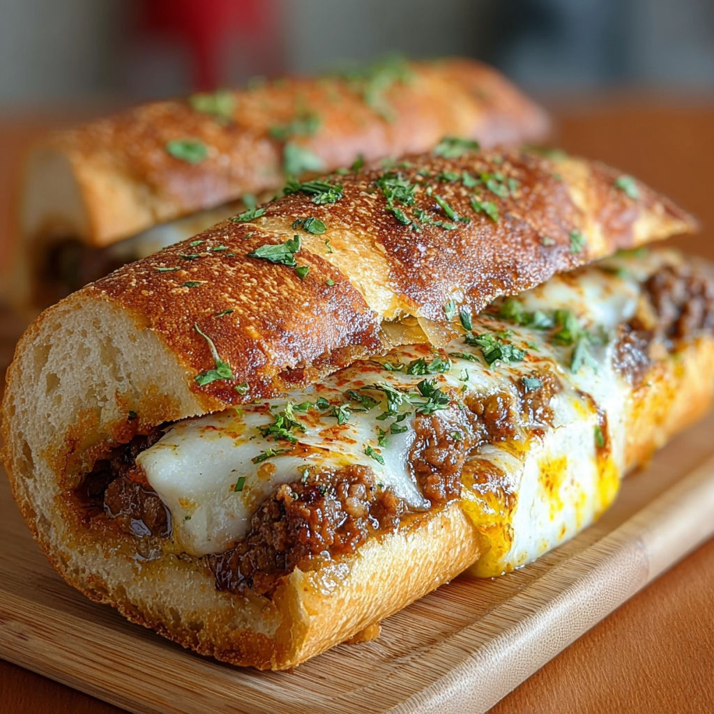Un bocadillo caliente de carne y queso surt sur un plateau de bois.