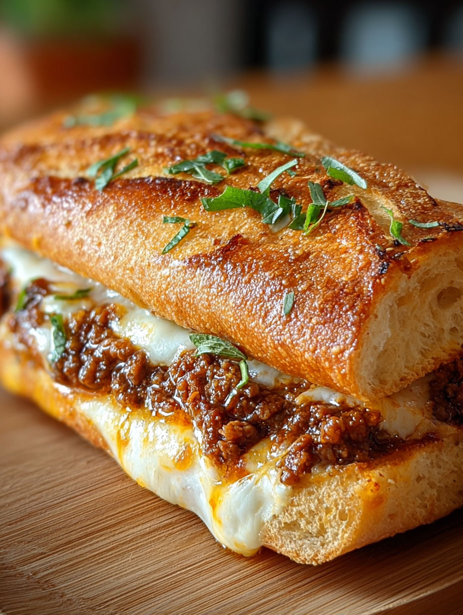 Une sandwich au chili et au fromage sur une table de bois.
