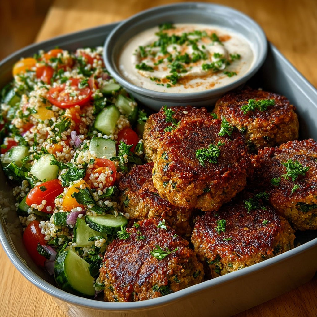Une assiette contenant des falafels croustillants, des légumes frais et une sauce tahini.