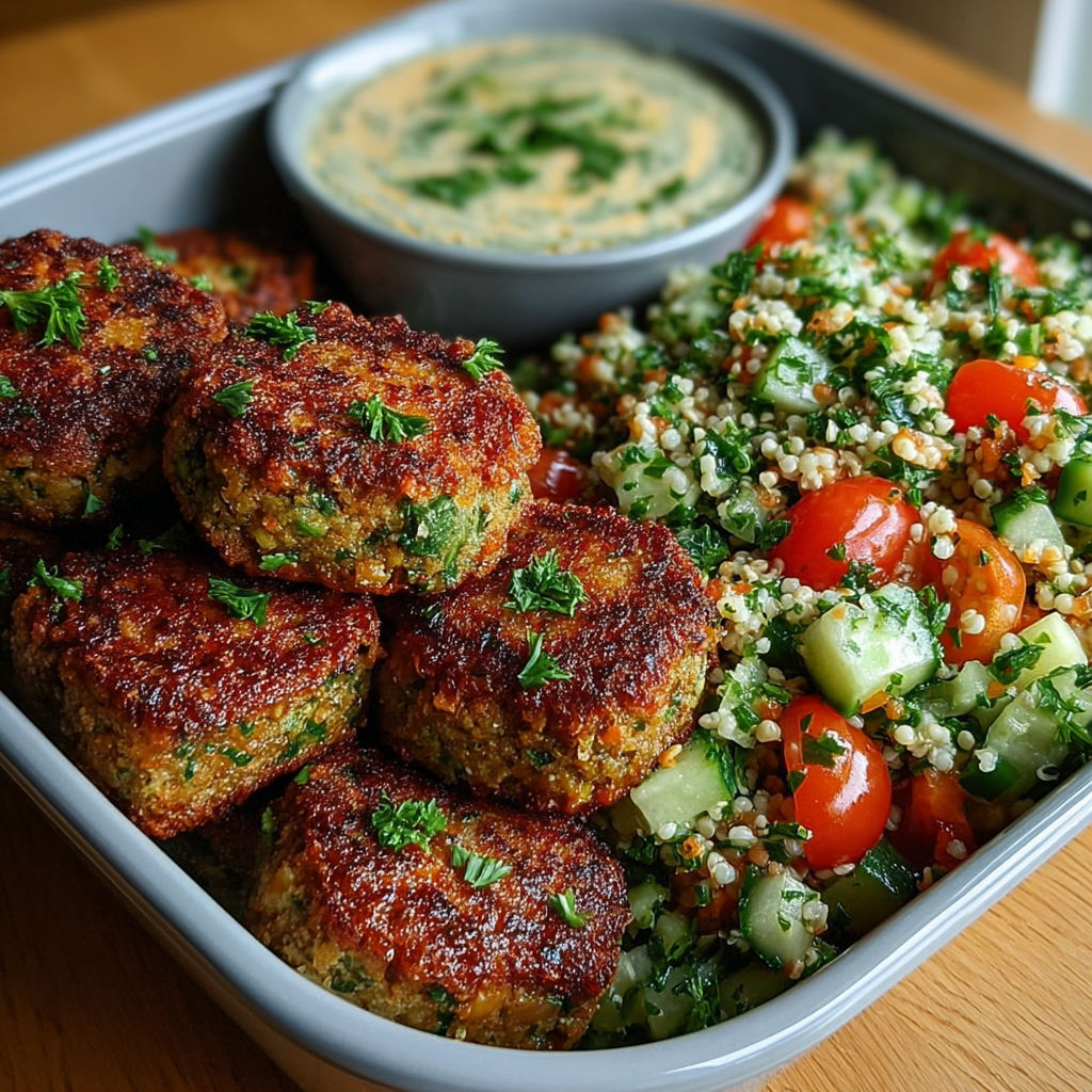 Plate of food with falafels, taboulé, and sauce tahini.