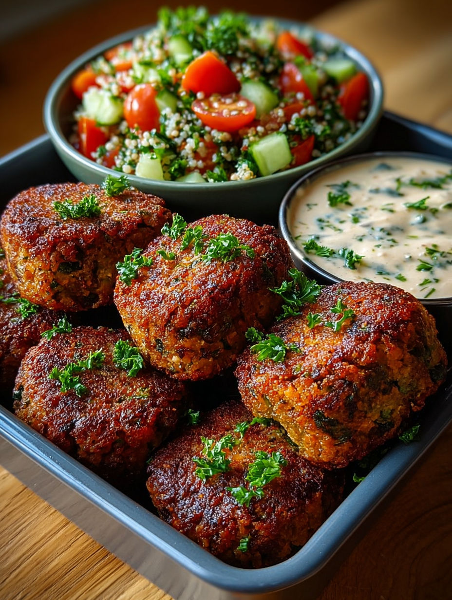 Plate of falafels croustillants, taboulé frais & sauce tahini.