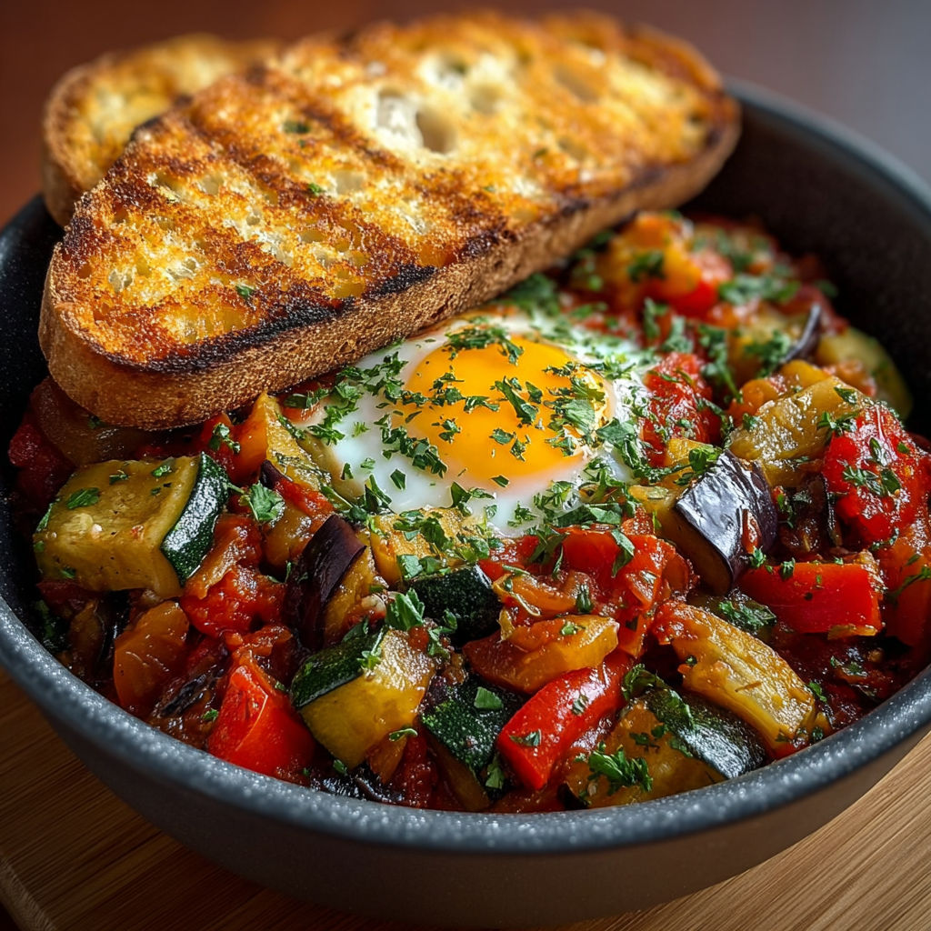 Une recette de casserole avec des légumes et du pain grillé.
