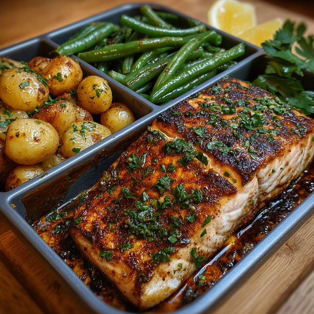 Poisson grillé, pommes de terre rôties et haricots verts.