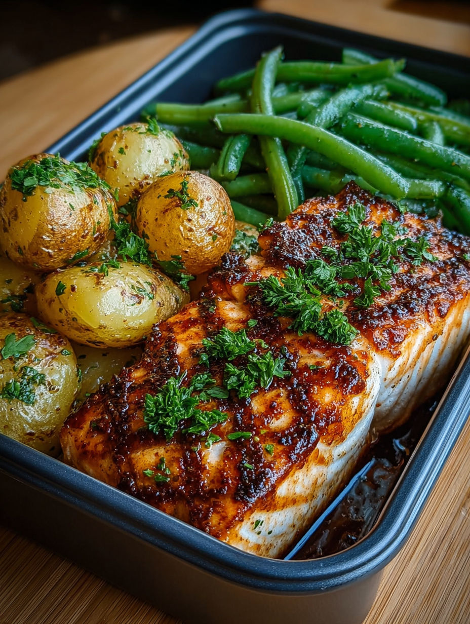 Un dish de poisson grillé avec des légumes verts et des pommes de terre.