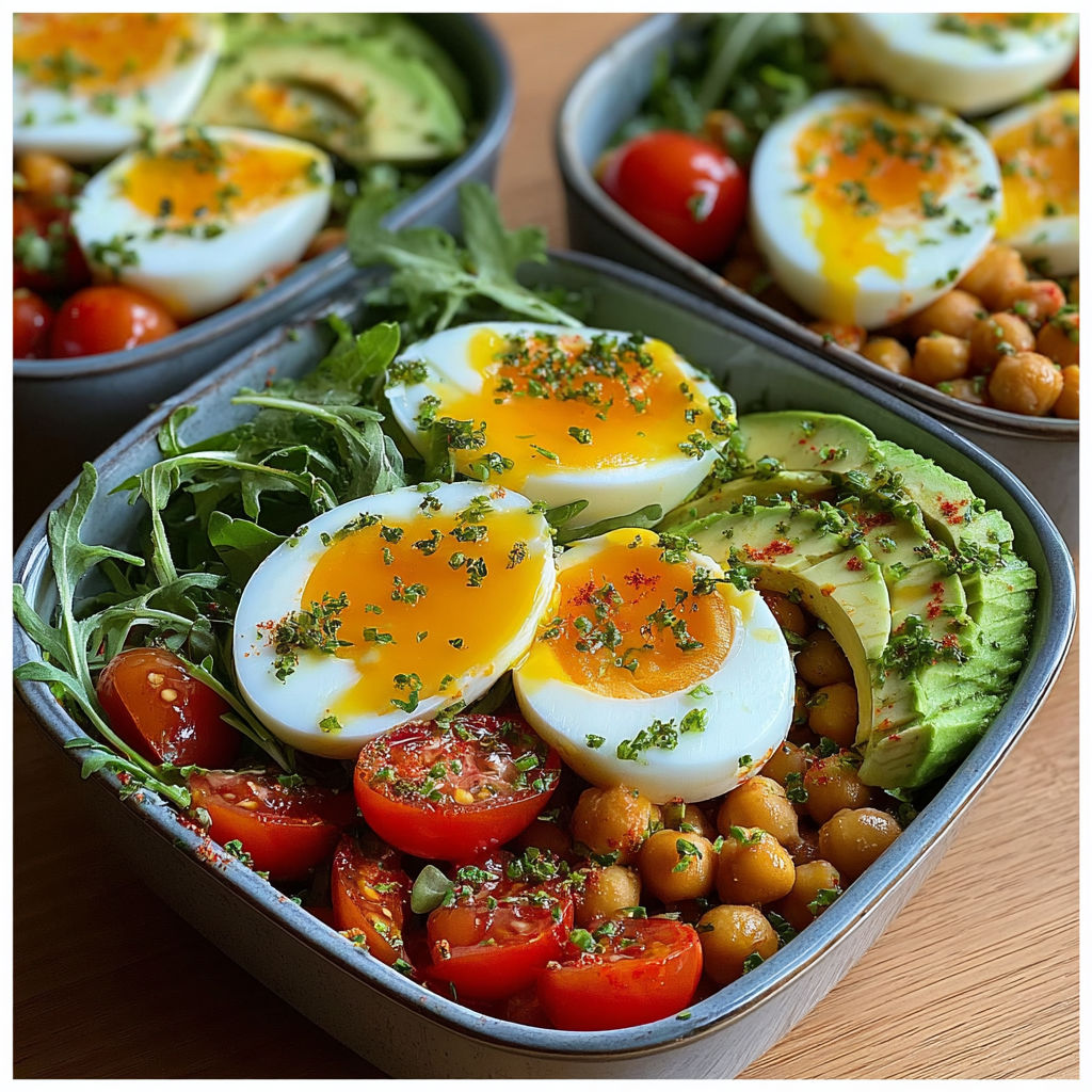 Salade complète pois chiches, avocat & œufs durs.