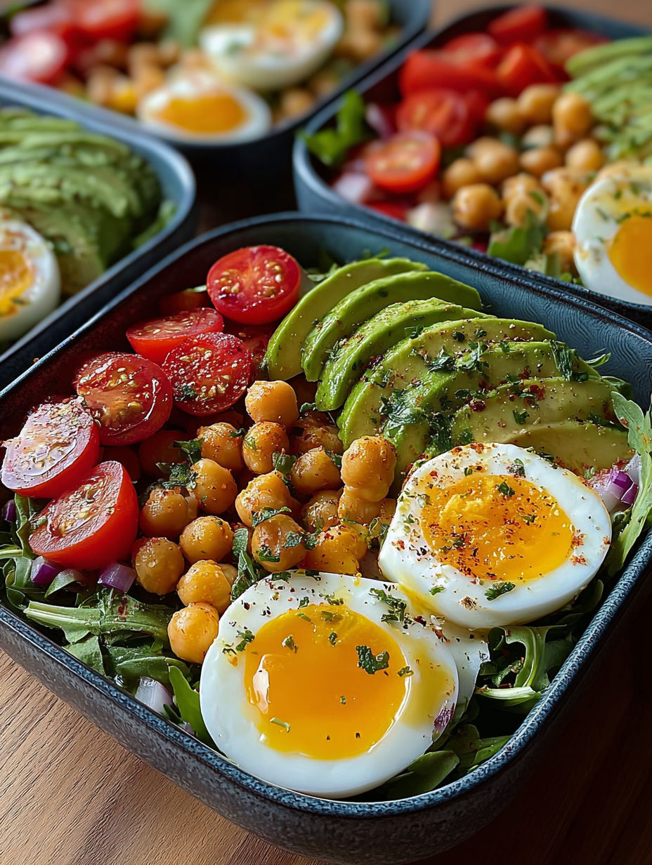 Une salade complète de pois chiches, avocat et œufs durs, prête à être mangée.