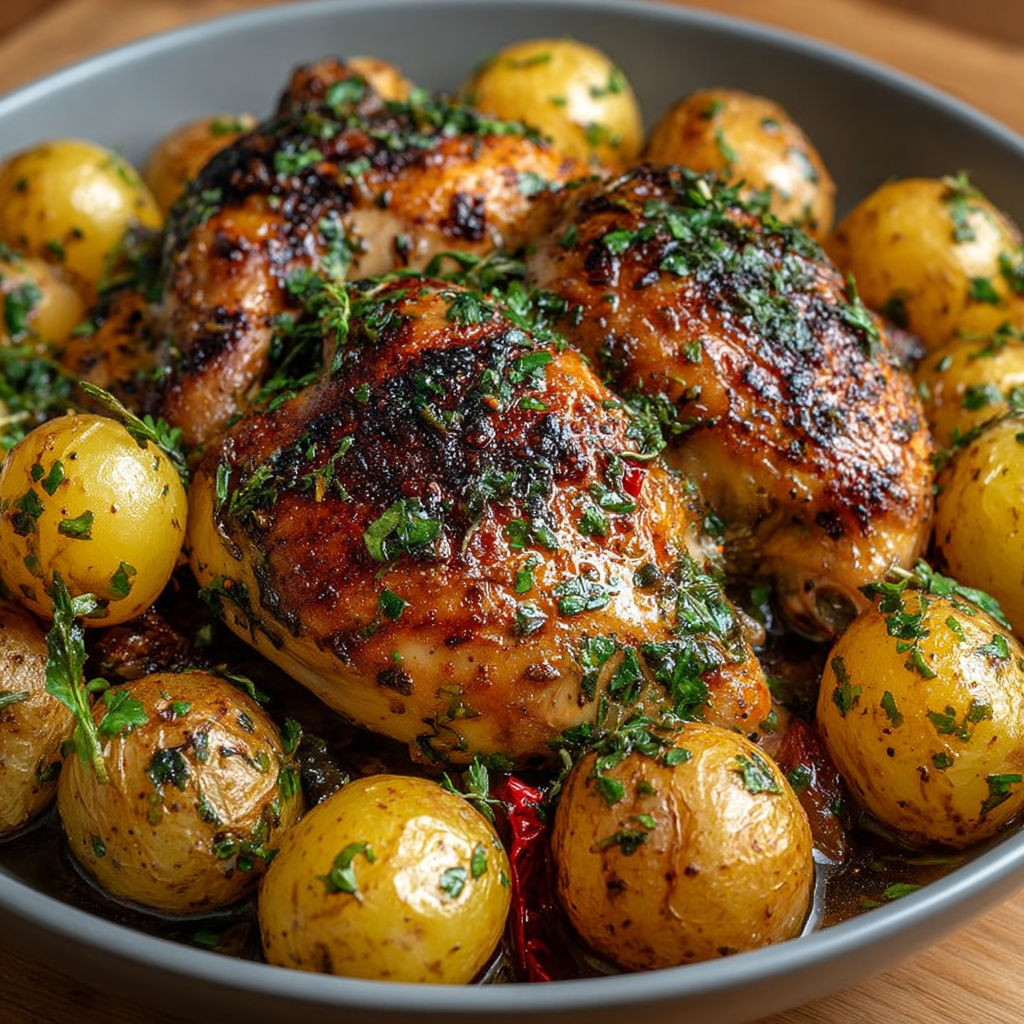 Une assiette de poulet rôti aux herbes et pommes de terre grenaille.