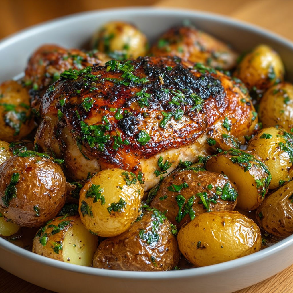 Une recette de poulet grillé avec des pommes de terre et des herbes.