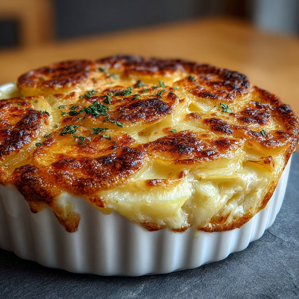 Un plat de gratin dauphinois croustillant et fondant, prêt à être servi.